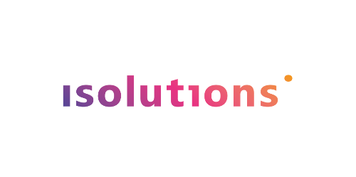 Das Bild zeigt das Logo von „isolutions“ in einem Farbverlauf von Lila nach Orange mit einem Punkt am Ende und wirbt für den Swiss Low-Code Day 2024.