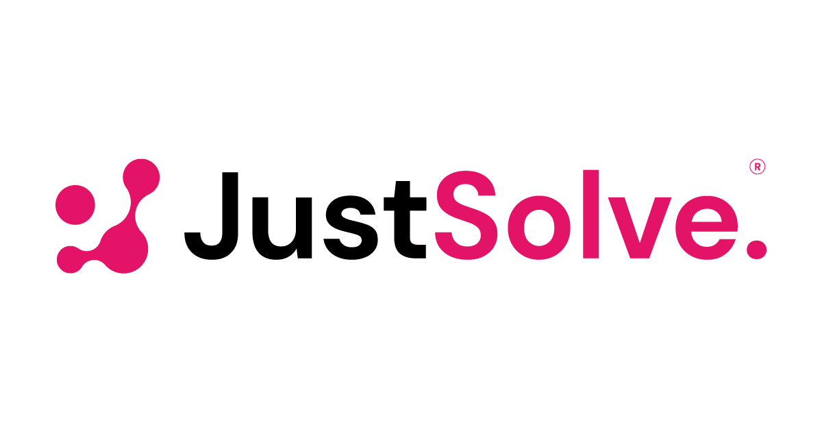 Logo of JustSolve with two stylized pink connected dots to the left of the text "JustSolve" in black and pink on a white background, reflecting the OutSystems NextStep Experience.