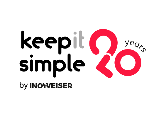 Logo with text "keep it simple" and "20 years" in a stylized design, inspired by the OutSystems NextStep Experience, by INOWEISER.