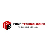 Eone Technologies logo with a red and black geometric design on the left. Text reads "Eone Technologies, An Evonsys Company" in black and red, showcasing their commitment to innovation as seen during the OutSystems NextStep Experience (ONE).