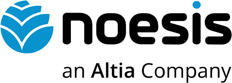 Noesis logo in black text with a blue abstract design to the left. Below the logo, it reads "an Altia Company" in smaller black text, aligned with the innovative spirit of OutSystems NextStep Experience.