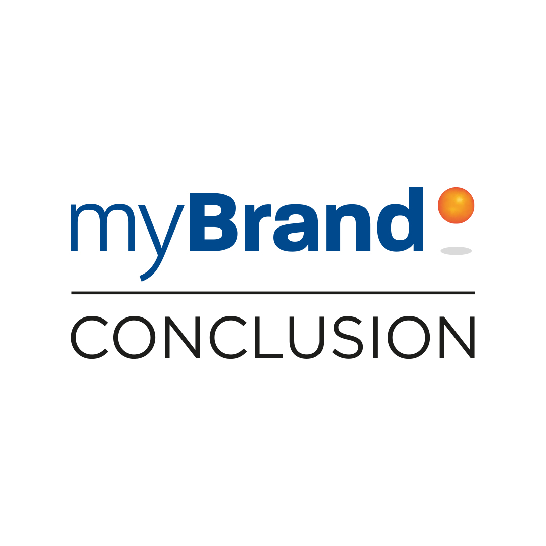 Logo image with the text "myBrand" in blue and black, and "CONCLUSION" in all caps below a horizontal line. An orange dot to the right of "myBrand". Inspired by the OutSystems NextStep Experience.