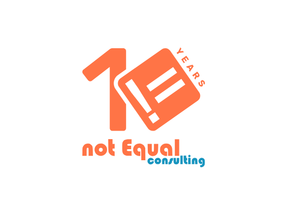 Logo with "10 Years" in vibrant orange, featuring the not equals symbol, followed by "not Equal consulting" in a smaller blue font. This design was showcased at the OutSystems NextStep Experience.