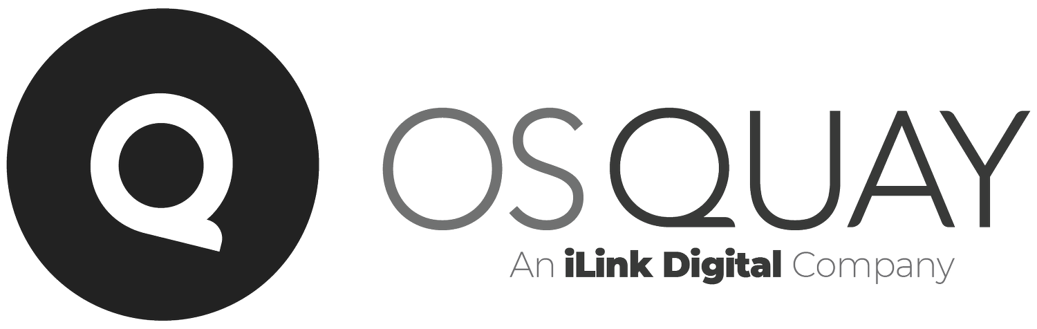 The image shows the logo of OSQUAY, featuring a large black circle with a white letter "Q" inside it, followed by the text "OSQUAY" and the subtitle "An iLink Digital Company." This design is showcased at the OutSystems NextStep Experience.