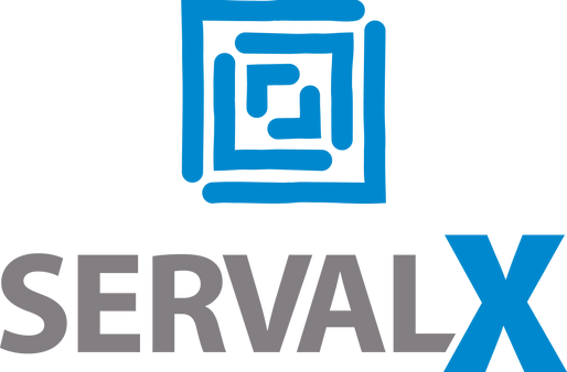 Das Bild zeigt das ServalX-Logo mit einem blauen, abstrakten geometrischen Design über dem Text „SERVAL“ in Grau und „X“ in Blau, das seine Präsenz am Swiss Low-Code Day 2024 hervorhebt.