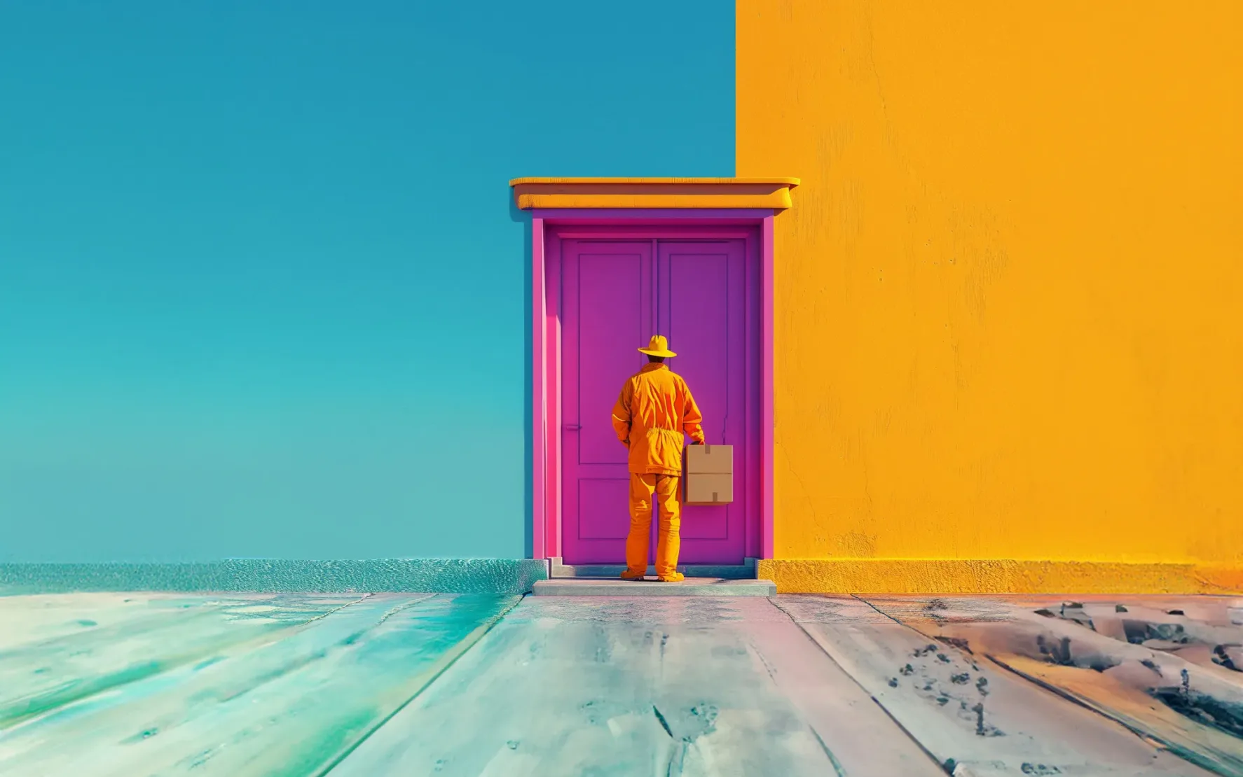 A person in a bright orange outfit stands in front of a pink door holding a parcel. The wall of the building is yellow and the sky in the background is clear and blue.