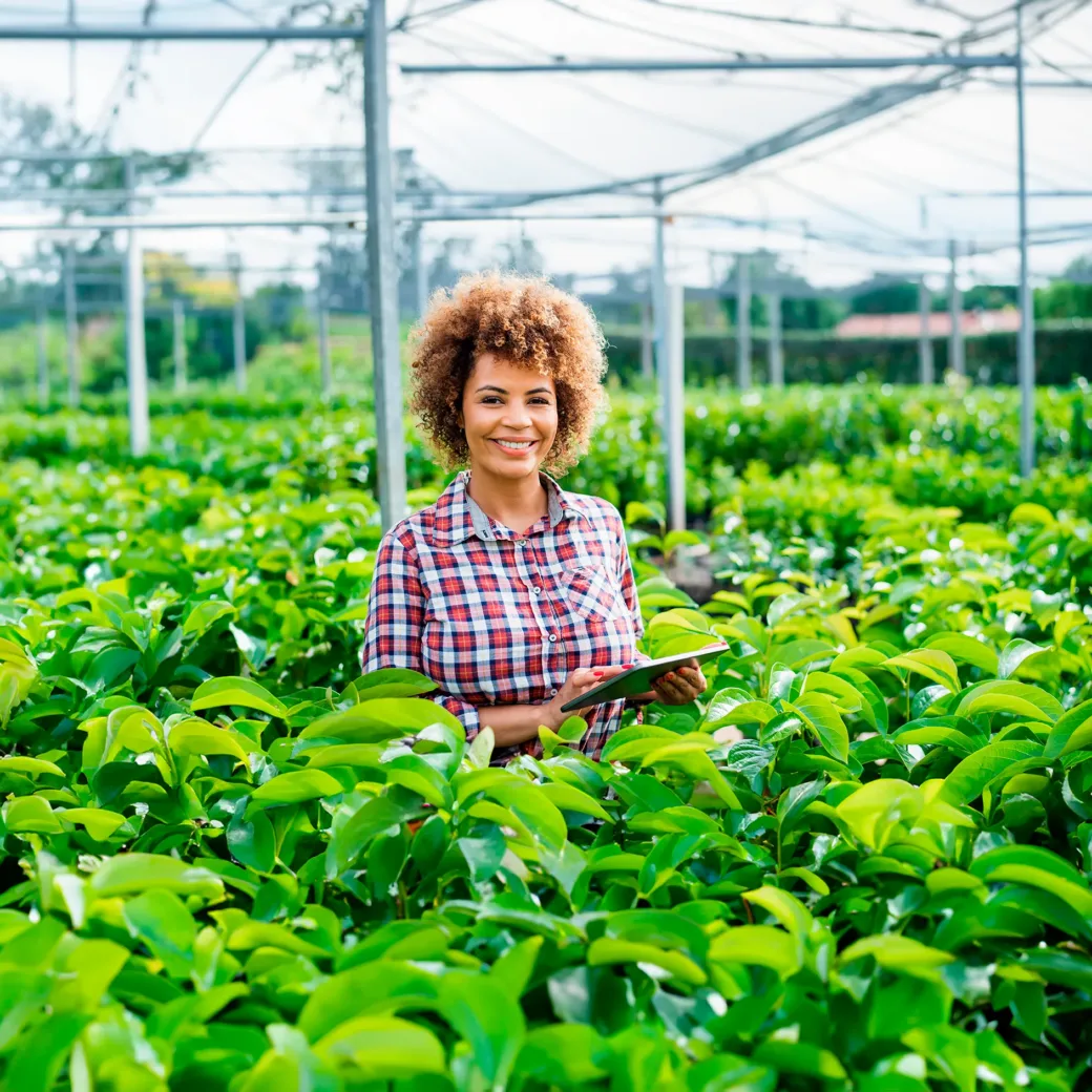 woman in plant field holding digital tablet