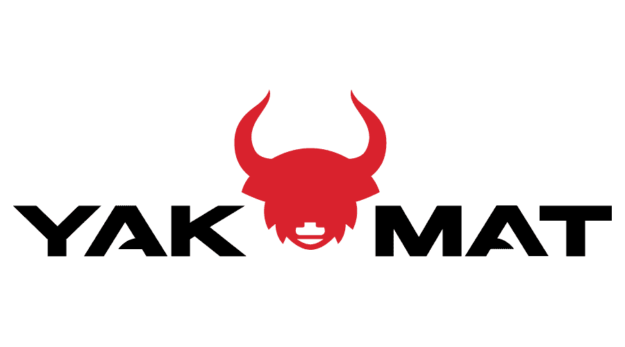 Logo featuring the text "YAK MAT" in bold black letters with a red silhouette of a yak's head in the center.