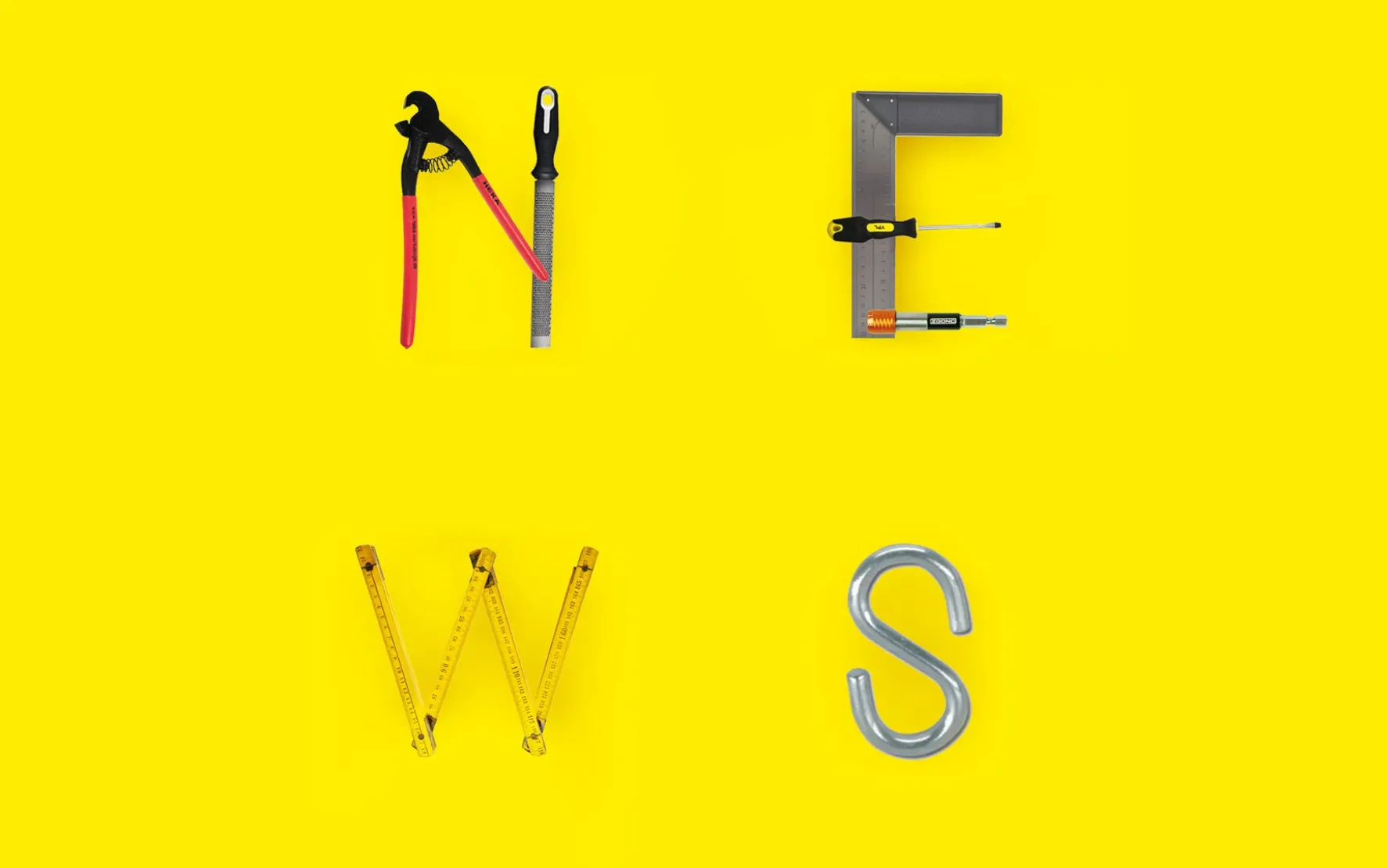 Gelber Header für ZGONC auf dem NEWS steht - die Buchstaben sind aus Werkzeug zusammengelegt.